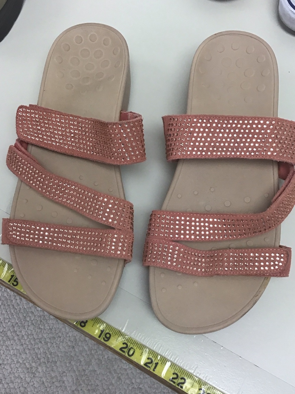 Vionic Triple-Strap Slide Sandals in Blush Pink with Rhinestones